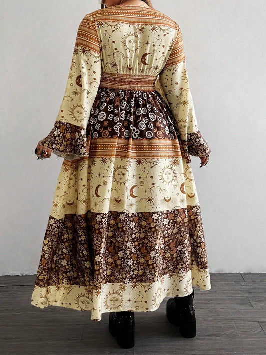 Sizes to 4XL Boho Patchwork Print Maxi Dress with Flare Sleeves, V-Neck, and High Waist