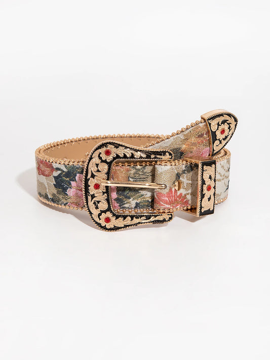 1pc gemstone engraved buckle floral oil painting pattern PU Leather. 1.4 Inches wide and up to 48 Inches Long