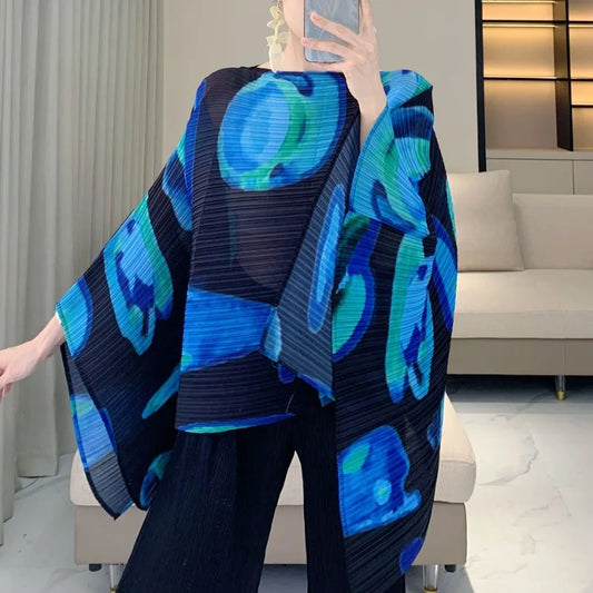 Pleated Striped Shawl, Fashionable Striped, Casual Outerwear, Versatile, Bat Sleeve Cape