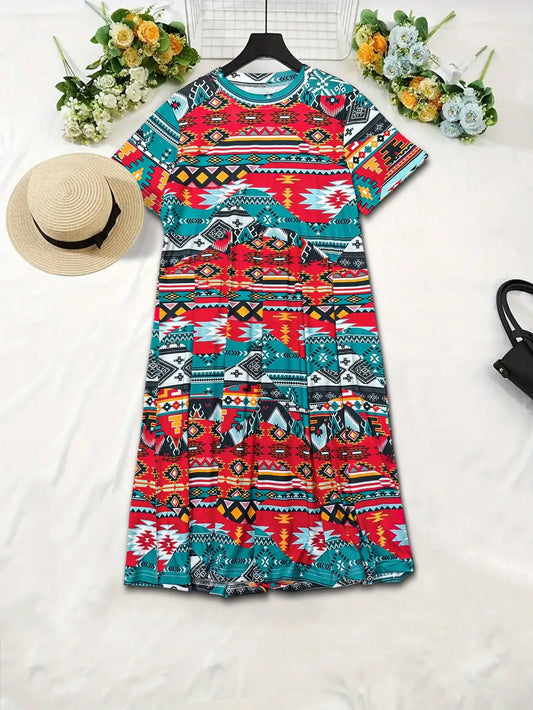 Short-Sleeve Round Neck Short Dress or Long Top Retro Ethnic Style