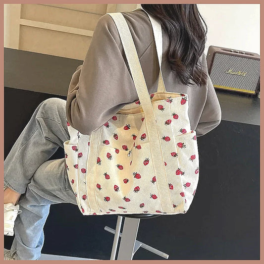 Corduroy Shoulder Bag, Cute Printed Handbag, Casual Commuter & Shopping Bag or Gift Bag