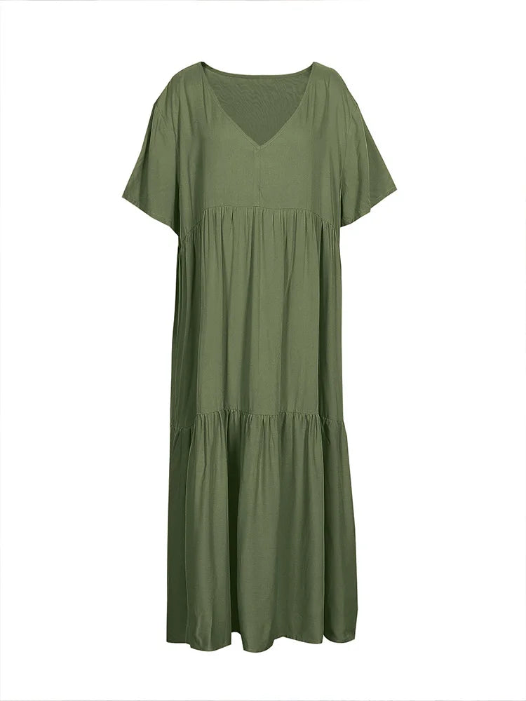 Sizes to 5XL, Loose Casual Midi Dress, V-neck, Short Loose Sleeves