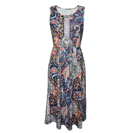 Cinched Waist Printed Sleeveless Tank Top Dress, Crew Neck, Midi Length