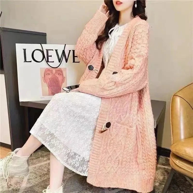 Cable Knitted Mid-Length Cardigan with Pockets and Two Large Black Buttons. Peach, Yellow, Off White, and Green