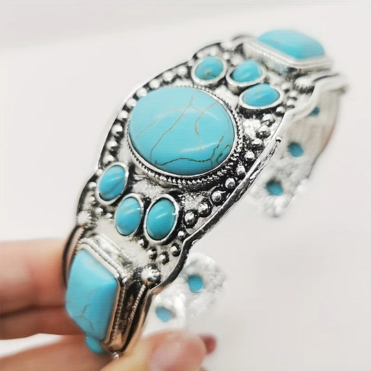 Vintage Bohemian Jewelry Cuff Bracelet with Faux Turquoise Opening Adjustable