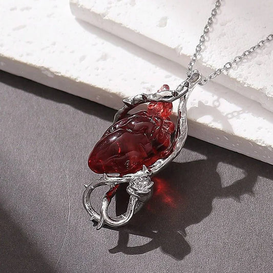 Halloween Gothic Red Crystal Flower Thorns Pendant Necklace Actual Human Heart Choker
