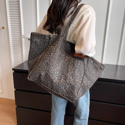 Leopard Pattern Tote Bag Vintage Canvas Shoulder Bag Big Capacity Handbag