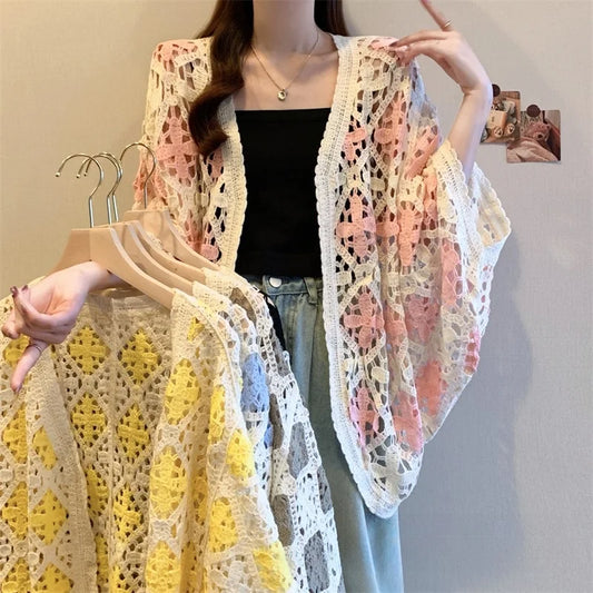 Bohemian Style Hollowed-out Long Sleeve Light Weight Sweater with V Neck and Batwing Sleeves