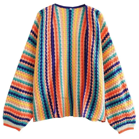 Rainbow Striped Knit Open Front Cardigan Long Sleeved Colorful Loose Knit Outerwear
