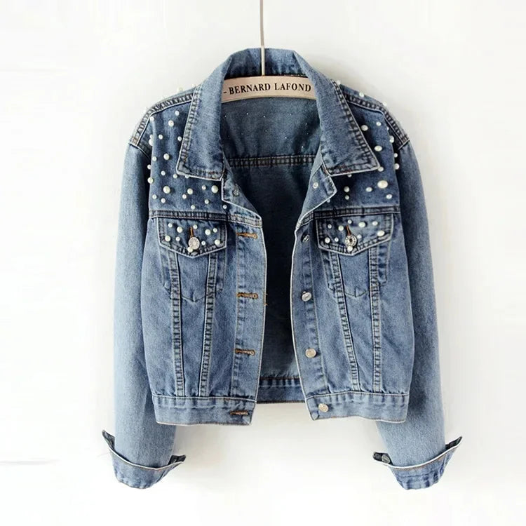To Sizes 5XL Versatile Pearl Cropped Denim Jacket Loose Fit