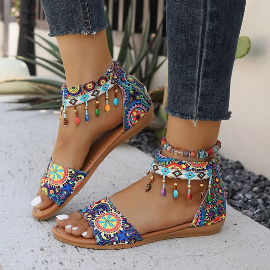 Beaded Romanesque Flat Bottom Women's Sandals Back Zipper Bohemian Flats