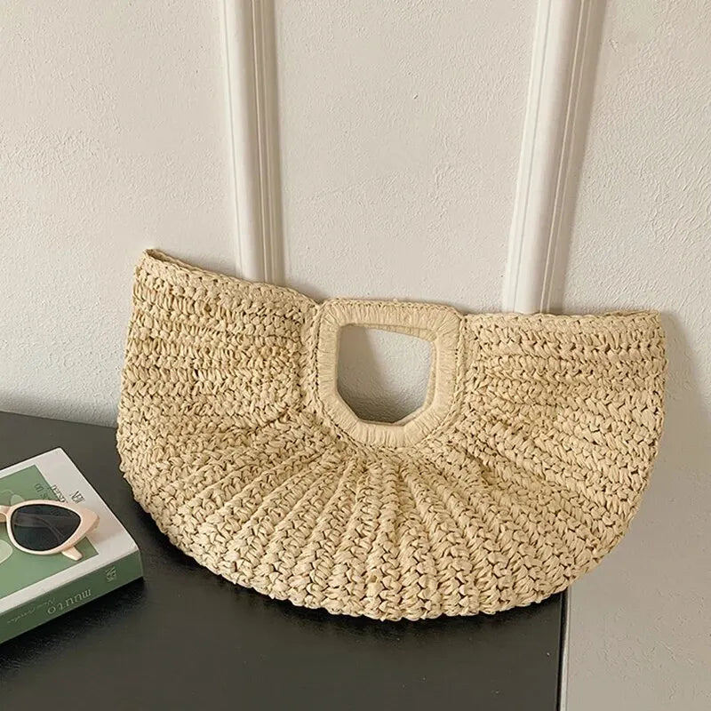 Straw Half-moon Rattan Handbag Handmade Handle Kintted Tote Bag