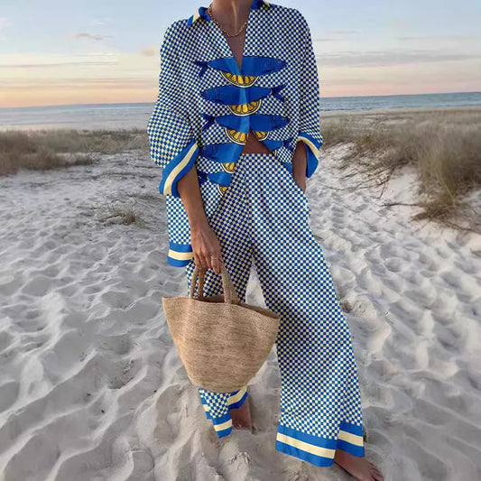 2 Piece Outfit Casual Loose Beachwear Wide Leg Pants Cover-Up Variety of Patterns