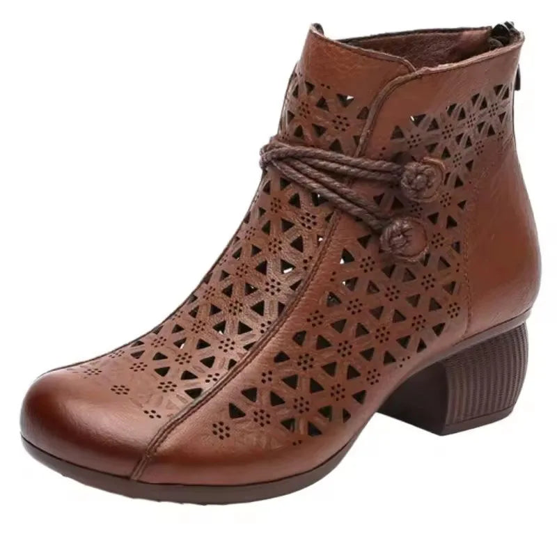Boho 5cm Thick Heel Ankle Zipper Back Boots Handmade Retro Style Genuine Breathable Leather