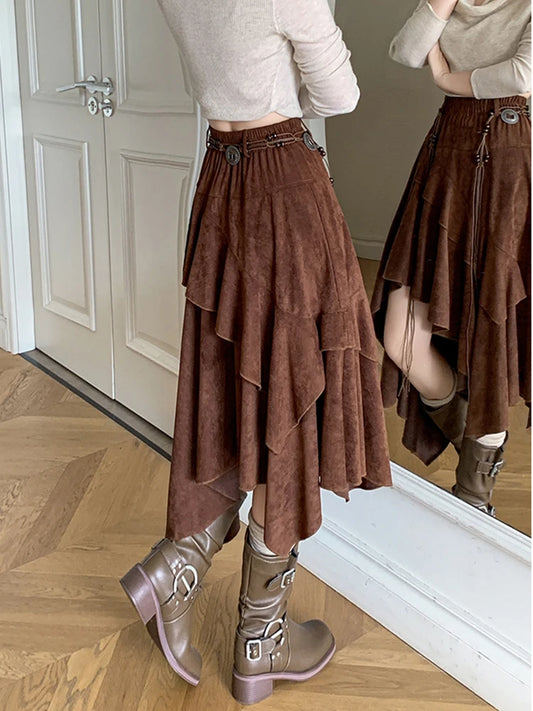 Boho Retro Asymmetrical Suede Midi Skirt with Elastic Waist