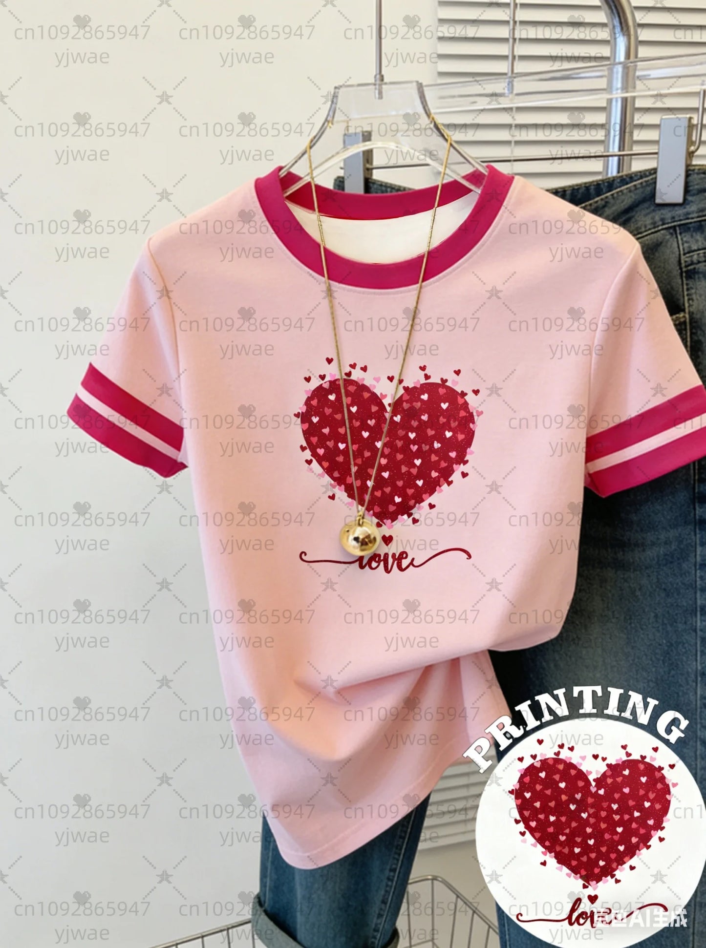 Women's Short Sleeve LOVE Red Heart Print T-Shirt on 5 Colors