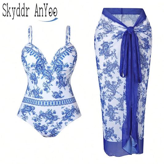 Sizes to 3XL: Vintage Print One Piece Swimsuit Push Up Swimwear with Mesh Cover Up