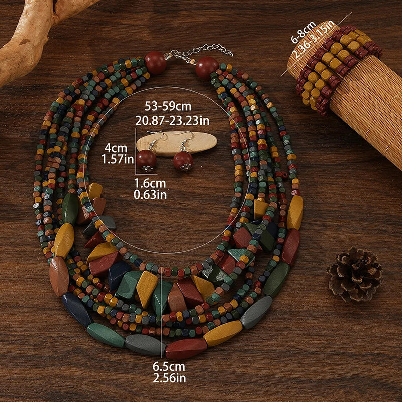 Multi-layered Boho Beaded Necklace Handmade Wooden Beads Necklace Earrings Bracelet Jewelry Set