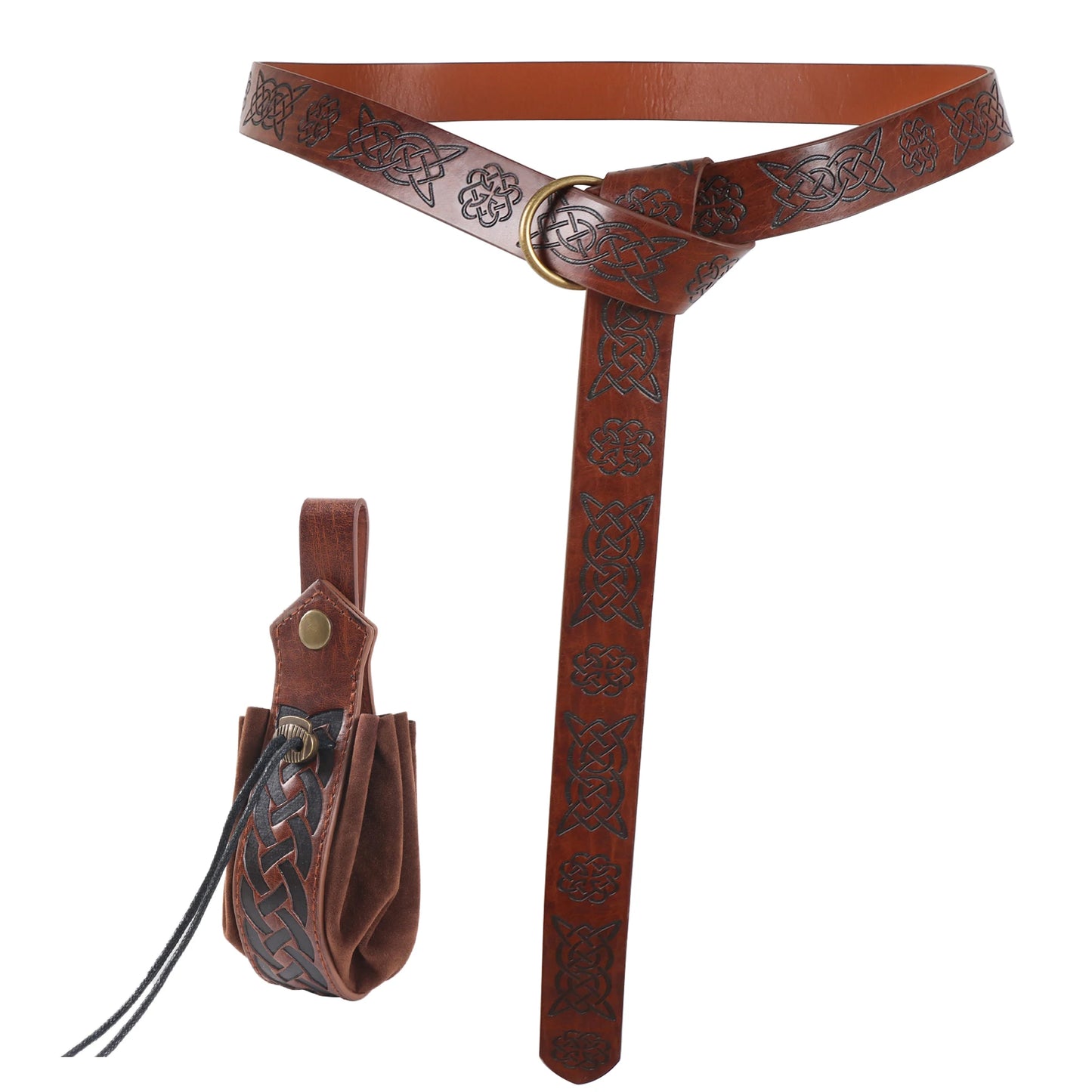 2pcs Vintage Renaissance embossed leather belt, purse set; unisex with O-rings, Medieval Viking
