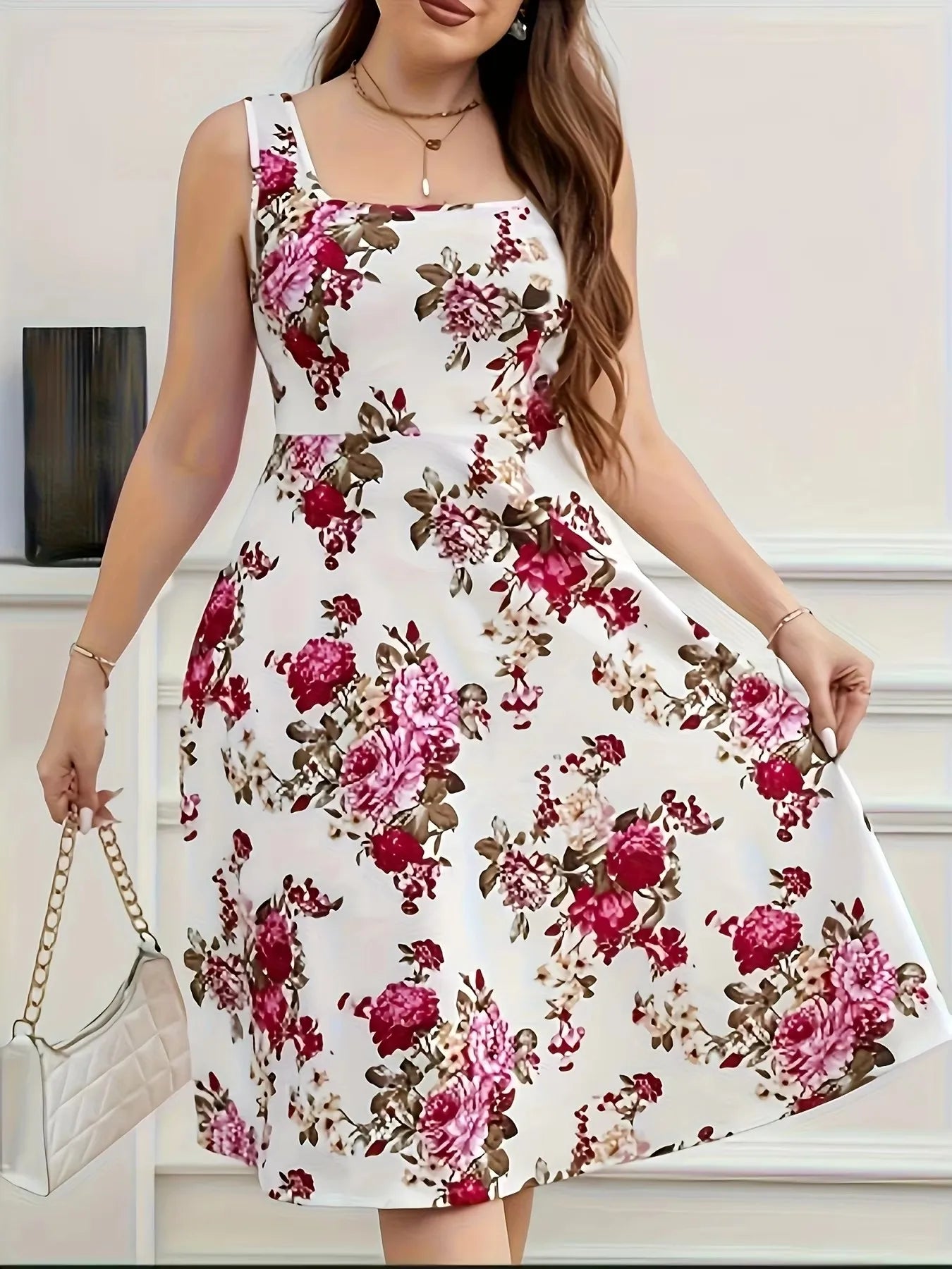 Boho Sizes to 6XL, Floral Print, Square Neck, Sleeveless, Flared Skirt, Stretchy Fabric, Machine Washable,
