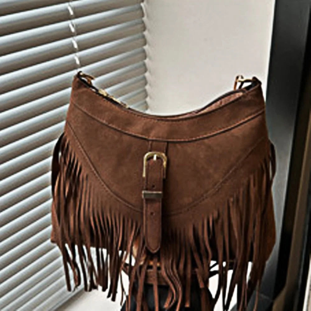 Bohemian Suede Leather Under-Arm Zipper, Tassels, Shoulder Bag, Solid Color PU Leather, Black, Grey, Coffee, and Light Brown