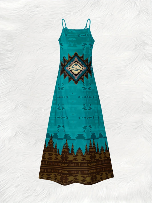 Boho Vintage Tribal Print V Neck Slip Dress Lightweight Breathable Fabric