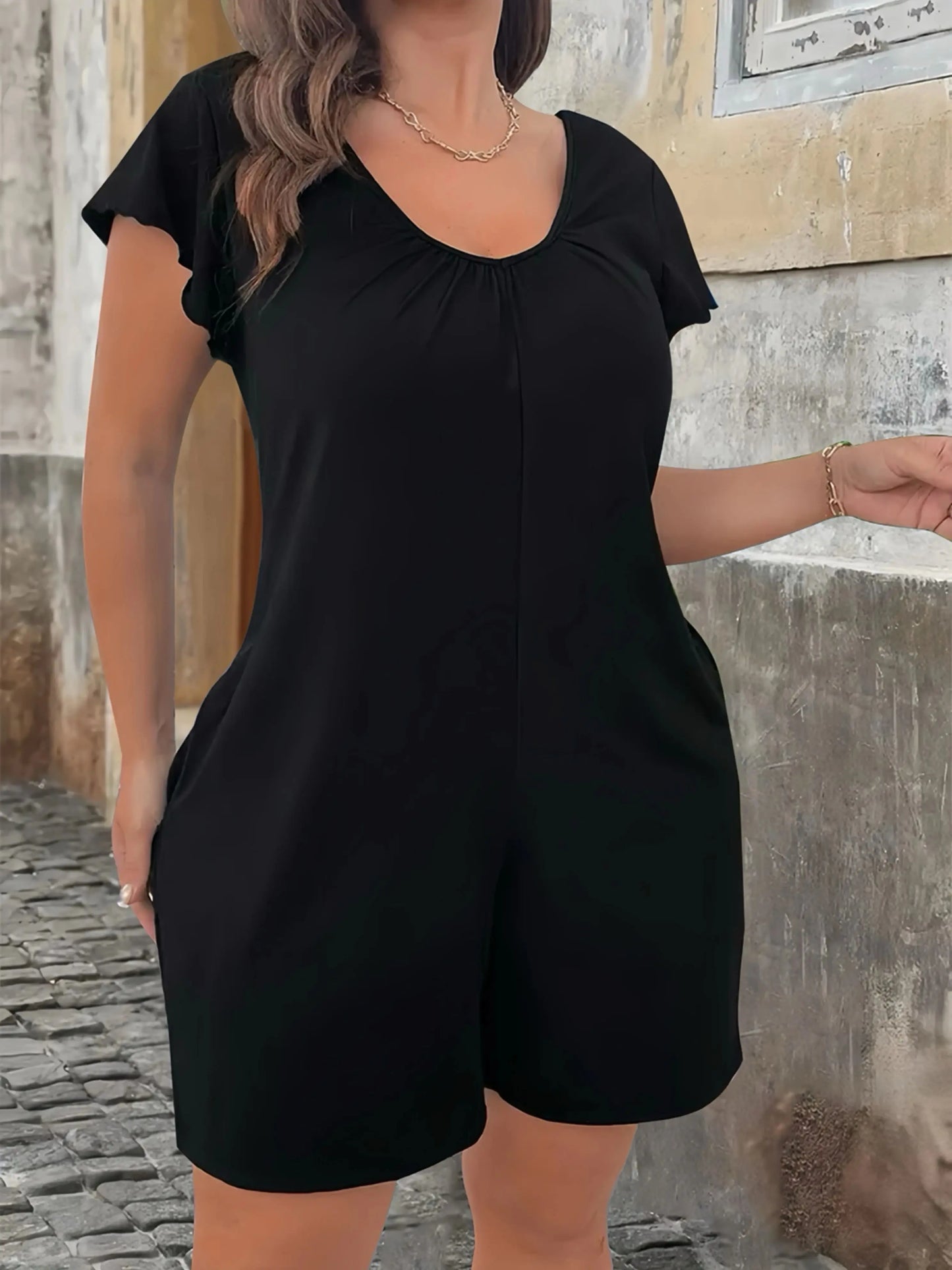 Sizes to 5XL V-Neck Flounce Sleeve Short Jumpsuit with Pockets. In Orange, Blue, Grey, and Black