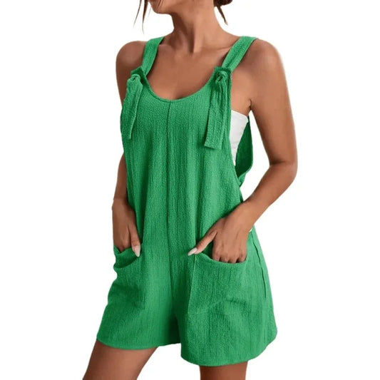 Sizes to 3XL, Short Jumpsuit, Loose Overall style, Solid Sleeveless Lace up Straps, Wide Leg Shorts with Pockets