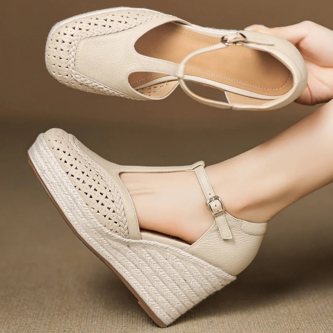Genuine leather Boho Narrow t-strap Hemp wedge Platform sandals Square toe