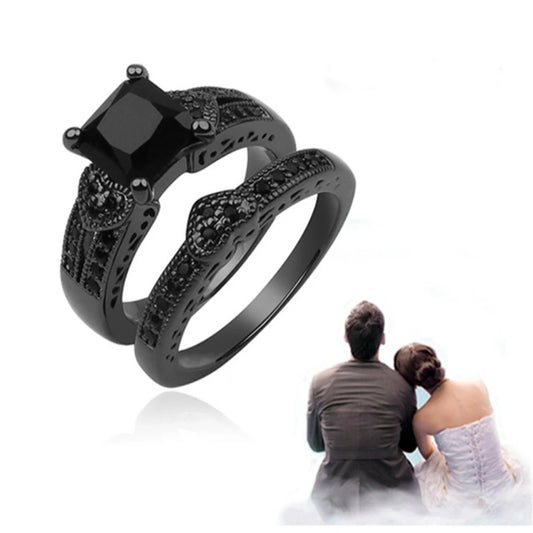 Black Stainless Steel Ring Sets, Women's Black Stone Engagement with a small heart band. Men's is all Black Stainless Steel