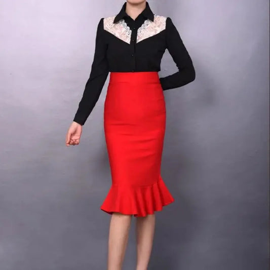 Sizes to 5XL High Waisted Stretchy One Step Pencil Skirt with Ruffle Hem
