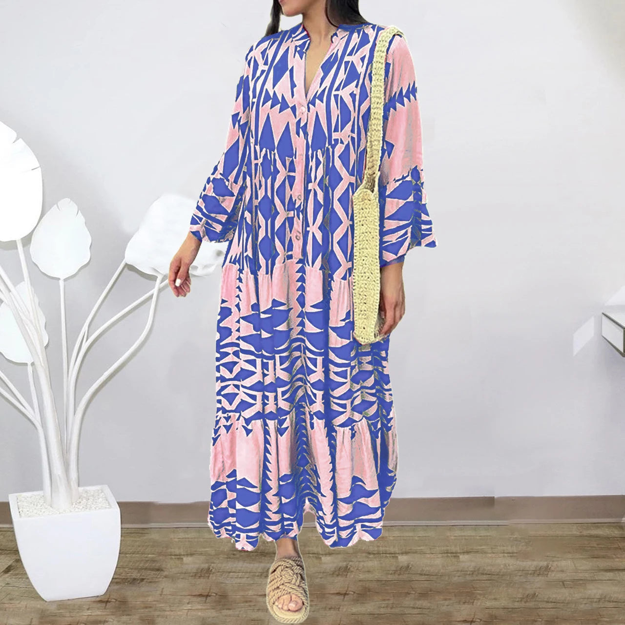 Boho Vintage Maxi Dress Long Sleeve Long Loose Dress with V Neck