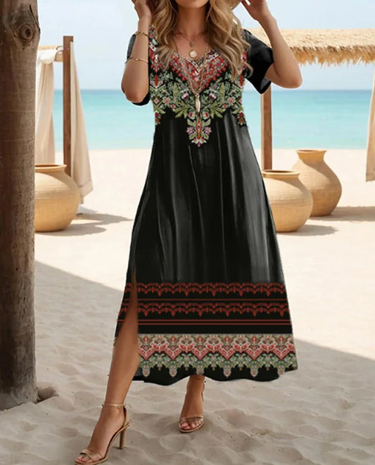 Sizes to 5XL, Ethnic Bohemian floral print casual short-sleeved loose fit midi dress