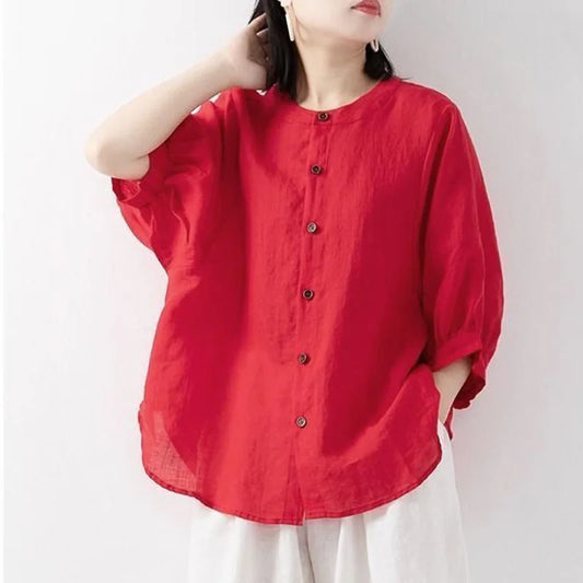 Sizes to 4XL, Cotton-linen blend shirt solid colors with lantern sleeves stand collar loose large size shirt. Variety of colors
