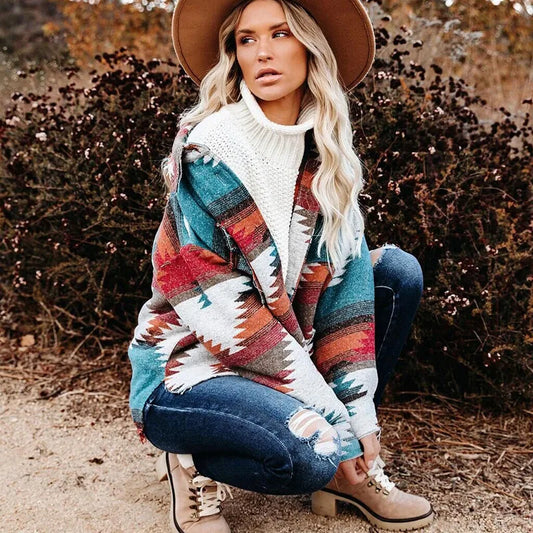 Vintage Loose Denim Jacket, Aztec Retro Ethnic Style, Long Sleeved, Shirt Collar, Sizes to XXL