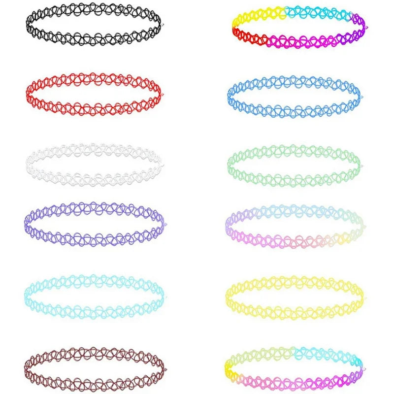 12Pc Vintage Neck Tattoo Choker Light, Thin Elastic Punk Tattoo Choker Stretch