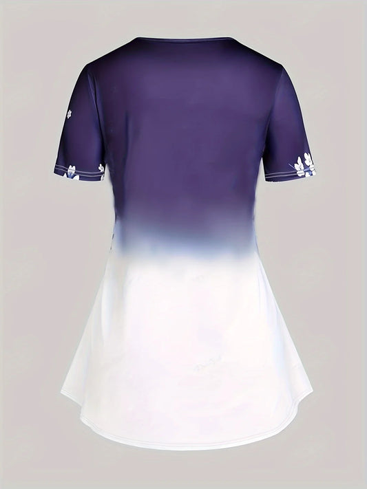 Sizes to 5XL, 2 Piece Casual Suits, Blue and White Flower Print on Top and Pants, Short Sleeve, Round Neck, Capri Pants