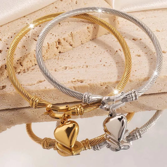 Stainless Steel Gold Color Heart Pendant Bracelets, Charm Bangle Bracelets, Waterproof Jewelry