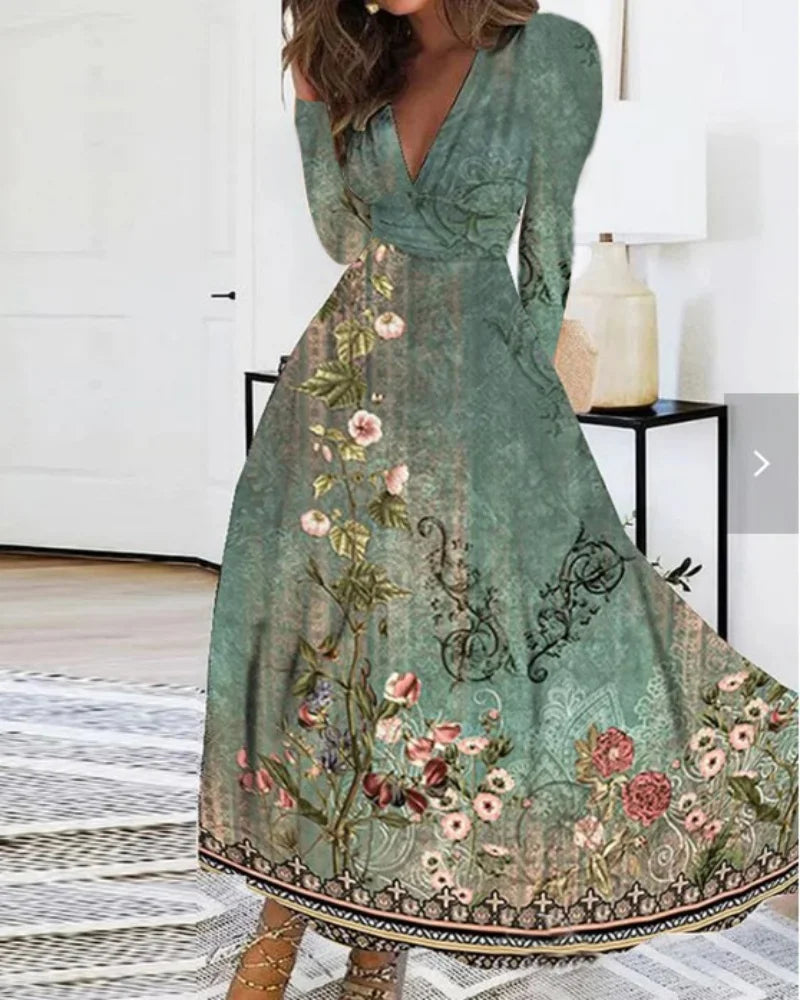 Bohemian Floral Print Deep V Neck Long Sleeve High Waist Flowy Maxi Dress With Elegant Botanical Pattern