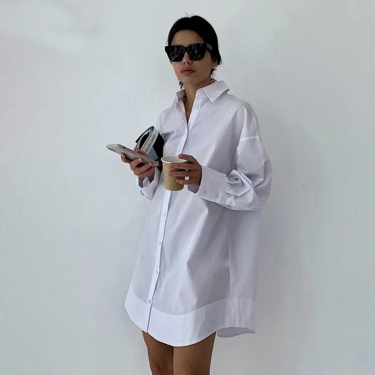 Minimalist White Long Oversized Full Sleeve Button-Up Blouse in Black and White