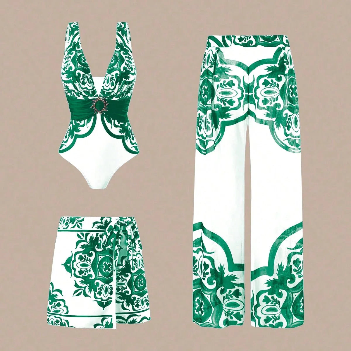 Sexy Three-Piece Swimsuit Set, High Elasticity Backless Swimwear. Skirt and Pants
