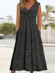 Sizes to 6 XL, Casual V-Neck, Empire Waist, Short Sleeve, Breathable, A-Line Dress with Pockets