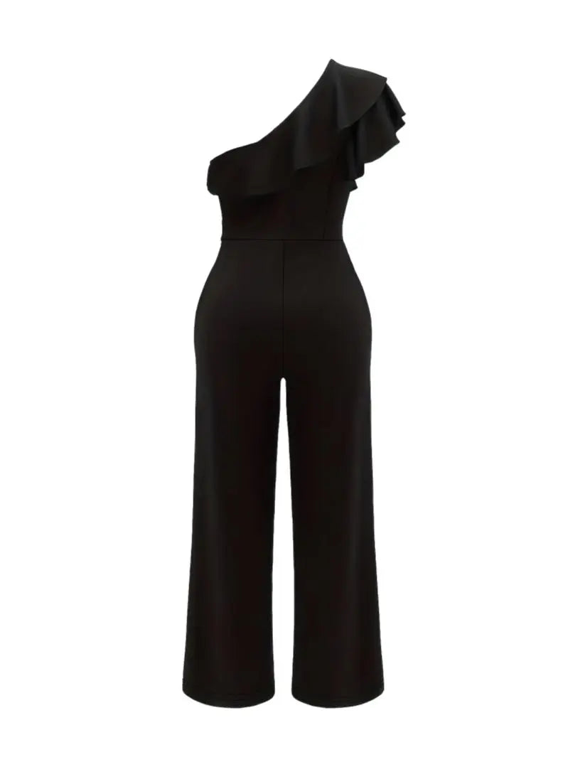 High-End Black Jumpsuit Slanted Shoulder Ruffle Edge Cinched Waist Slimming Effect Wide Leg Pants