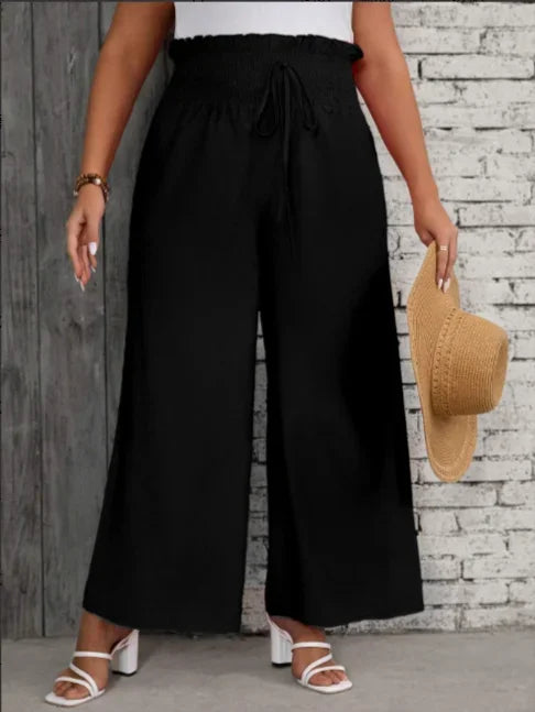 Loose fit Bohemian Sizes 1XL-5XL Solid Black or Ethnic Print Pants with Elastic Waist, Loose, Long Pants