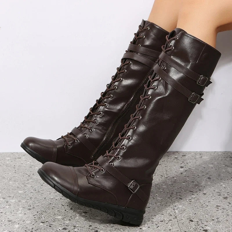 Boho Knee-High Lace-Up Boots, Also in Black and Dark Brown