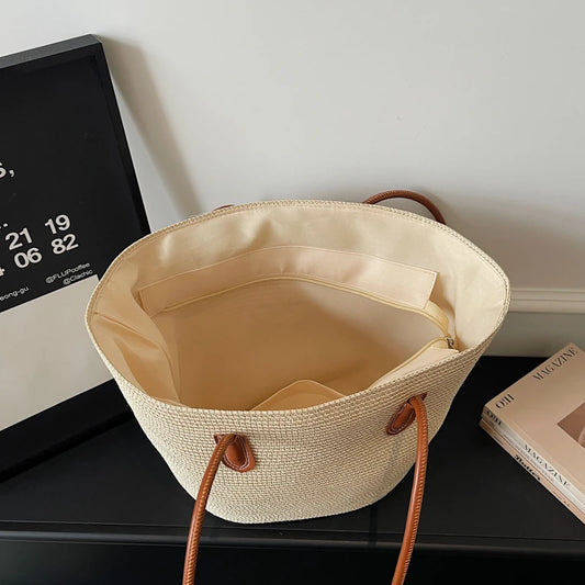 Large Capacity Straw Tote Shopper Bag With Shoulder Straps