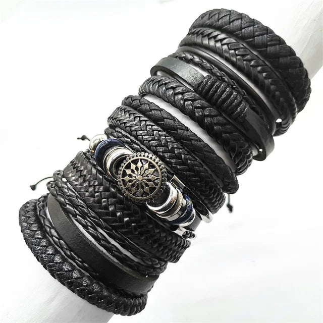 10 Pcs/set Black Wrapped and Woven Handmade Bracelets Male or Women Leather Bracelets