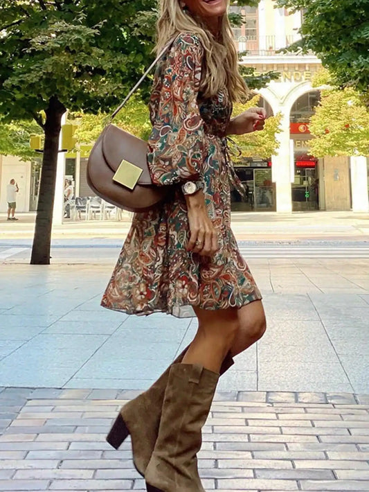 Boho V-neck floral long-sleeved knee-length dress, Casual and comfortable. XS to XL. Loose fit