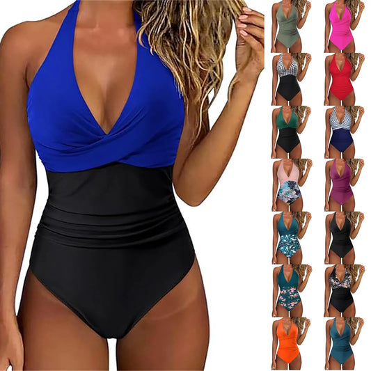Tummy Control Sizes to 2XL Swimsuit Cross Front One Piece Beach Halter Neck comes in solids, print, and striped