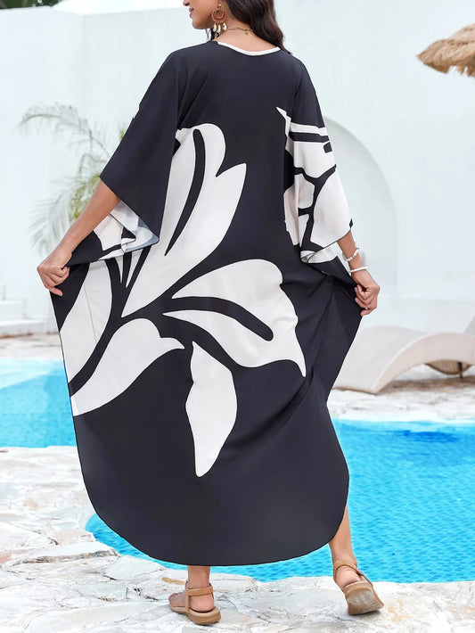 Black and White V Neck Plus Size Kaftan Cover-Up